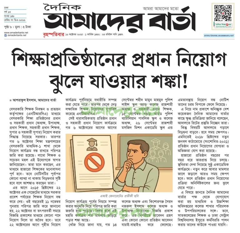 শিক্ষাপ্রতিষ্ঠানের প্রধান নিয়োগ ঝুলে যাওয়ার শঙ্কা
